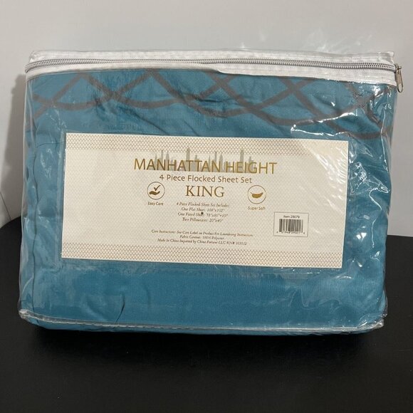 Manhattan Height 4 Piece Flocked Sheet Set King Flat, & Fitted Sheet, 2 Pillow - Picture 2 of 4